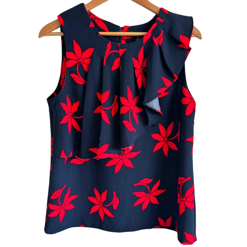 BANANA REPUBLIC Bloomcore Pleated Ruffle Sleevelss Blouse Red Black Size 10